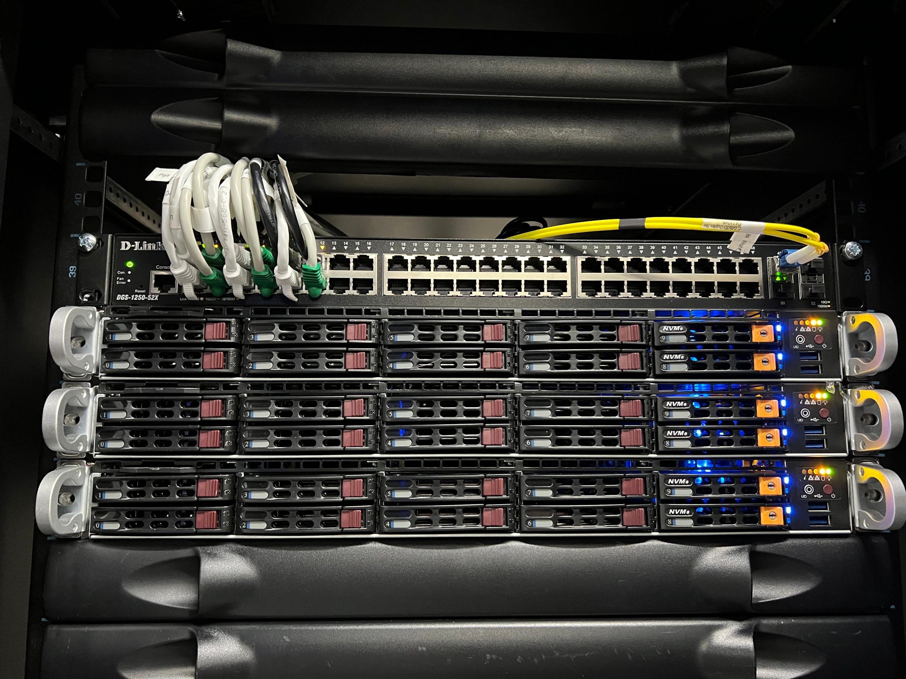 Details of the switch and servers, each server has 10 disk trays in front