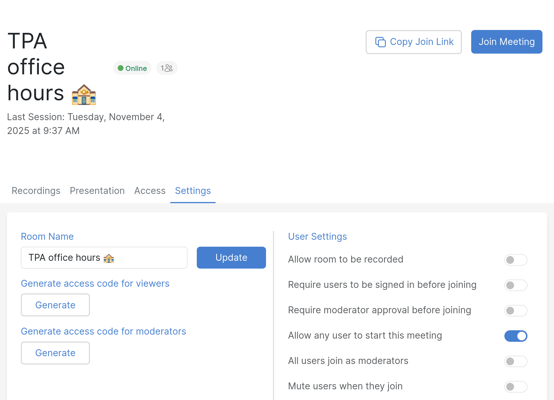Office hours settings screenshot